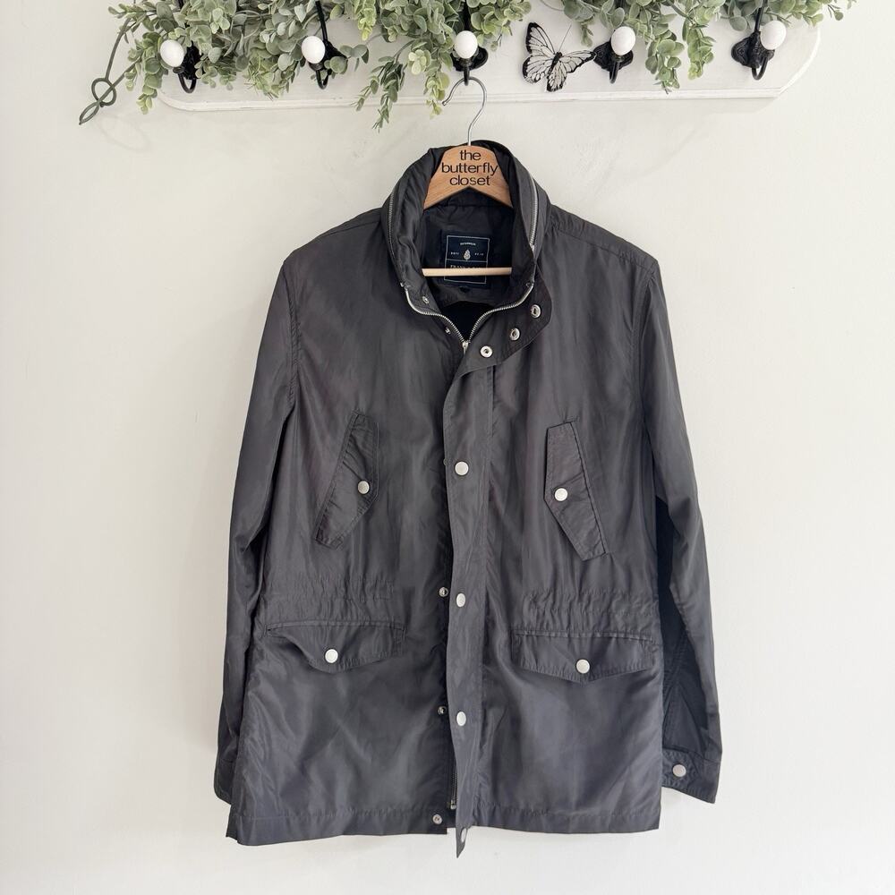 Men’s Frank & Oak Black Full Zip Raincoat With Packable Hood Medium 20-3127